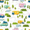 Road trip seamless pattern, doodle camper vans, vanlife, adventure - great for textiles, banners, wallpapers - vector design