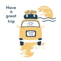 Road trip. Summer travel by family bus to sea. Car journey and tourist trip concept. Family vehicle with suitcases rides on the Royalty Free Stock Photo