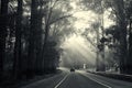 car travelling on road with sun rays shining through Royalty Free Stock Photo