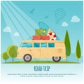 Road trip, surf camp concept banner. Flat style vector illustration Royalty Free Stock Photo