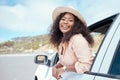 Road trip travel, black woman and car window freedom to relax in summer, vacation and outdoor adventure in South Africa Royalty Free Stock Photo