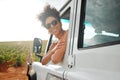 Road trip travel, black woman and car window freedom to relax in van, summer countryside and vacation adventure outdoors