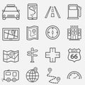 Road trip, travel and navigation line icons