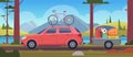 Road trip vacation. Travellers family in car with luggage adventure minivan vector cartoon background