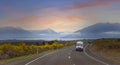 The Road trip view of travel with mountain view of autumn scene and foggy in the morning with sunrise sky scene Royalty Free Stock Photo