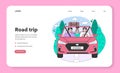 Road trip web banner or landing page. Young people or family