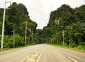 The Road in tropical place among big clifs and trees