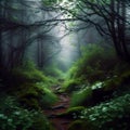 Road to the light in dark mysterious forest Royalty Free Stock Photo