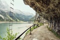 Road through the tunnel, over canyon lake Gosau, Austria Royalty Free Stock Photo