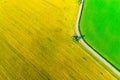 Road turning in farmlands. Aerial landscape. Yellow colza and green cornfield from above