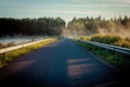 Road between two lakes in the misty sunris