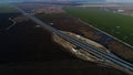 National road seen from drone, service area on highway