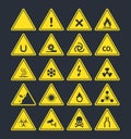 Road warning signs set. Triangular yellow symbols increased fire peril danger of loose soil radioactive alarm lethal