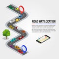 Road way location and Mobile gps navigation. Flat isometric high quality city transport