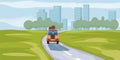 Road way to city buildings on horizon vector illustration, car highway cityscape cartoon style, modern big skyscrapers Royalty Free Stock Photo