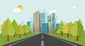 Road way to city buildings on horizon vector illustration, highway cityscape flat style