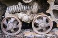 Road wheels of the continuous tracks. Close up. Royalty Free Stock Photo