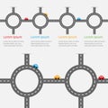 Road white marking and cartoon cars. Circle round crossroad set. Infographic timeline template. Design element. White background.