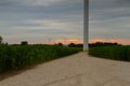 A road, wind turbines, corn fields and sunrise