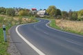 The road winding around rural houses