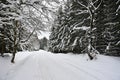 Road in winter. Snowy mountain path for a car. Concept for traveling and safe driving in winter by car Royalty Free Stock Photo