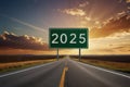 Road with 2025 word sign with sunset sky Royalty Free Stock Photo