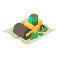 Road work icon isometric vector. Large yellow road roller on big area map icon