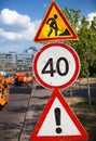Road work, speed limit and other dangers signs Royalty Free Stock Photo