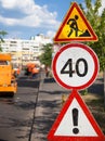 Road work, speed limit and other dangers signs Royalty Free Stock Photo