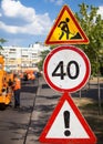 Road work, speed limit and other dangers signs Royalty Free Stock Photo