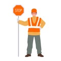 Road worker cartoon character wearing uniform holding warning caution sign stop isolated on white Royalty Free Stock Photo