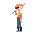 Road Worker in Hard Hat and Orange Vest Carrying Traffic Sign Vector Illustration