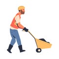 Road Worker in Hard Hat and Orange Vest Pushing Wheelbarrow with Ground Repairing Street Infrastructure Vector