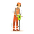 Road Worker In Headphones Working With Jackhammer , Part Of Roadworks And Construction Site Series Of Vector