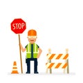 Road worker holding stop sign. Flat character. Royalty Free Stock Photo