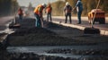 Road workers with shovels in their hands throw forked asphalt on a new road. Road service repairs the highway. Generative AI