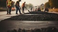 Road workers with shovels in their hands throw forked asphalt on a new road. Road service repairs the highway. Generative AI