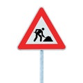 Road Works Ahead Warning Road Sign Pole isolated Royalty Free Stock Photo