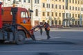 Road works on a city street, Pskov