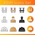 Road works icons set. Roadblock with siren. Construction builder in hardhat. Worker helmet. Caution barrier for Royalty Free Stock Photo