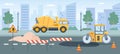 Road works. Pavement repair with asphalt roller, concrete mixer and street barriers. City roads maintenance service