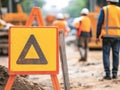Road works showing generic danger sign and construction workers Royalty Free Stock Photo
