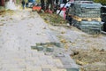 Road works on the sidewalk. Paving stone for repair