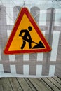 Road works sign for construction works in city street Royalty Free Stock Photo