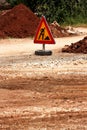 Road works sign for construction works, road, pavement construction. Traffic, warning sign road repairing, road maintenance.