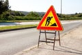 Road works sign for construction works in city street. Road under construction traffic sign. Traffic, warning sign road repairing. Royalty Free Stock Photo