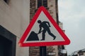 Road works sign on a street in the City of London, London, UK