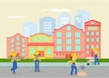 Road works in town, street vector illustration. Labours, workers in uniform and yellow helmets working with sand and