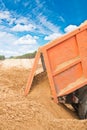 Road works very close up view on tipper unloadding sand