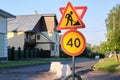 Road works. Warning signs. Replacement of the road surface. City streets Royalty Free Stock Photo